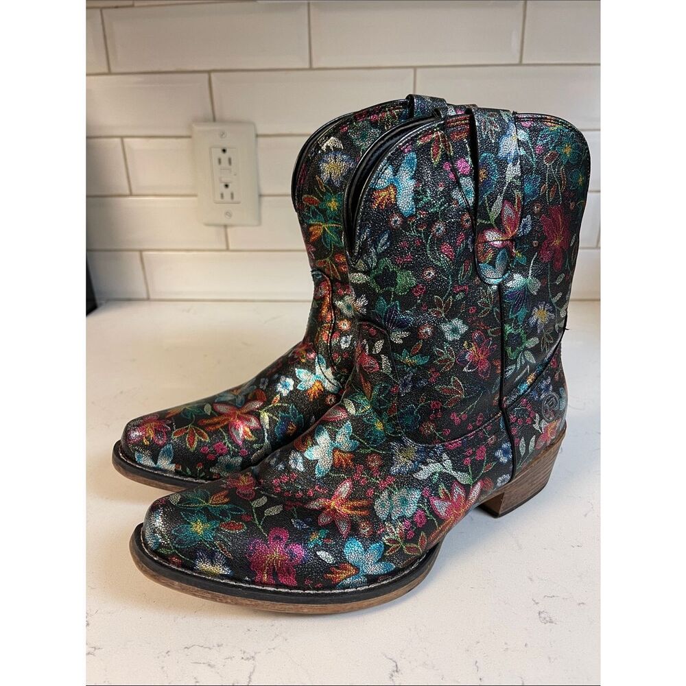 ROPER Ingrid Floral Metallic Snip Toe Cowboy Booties Multi Size 10